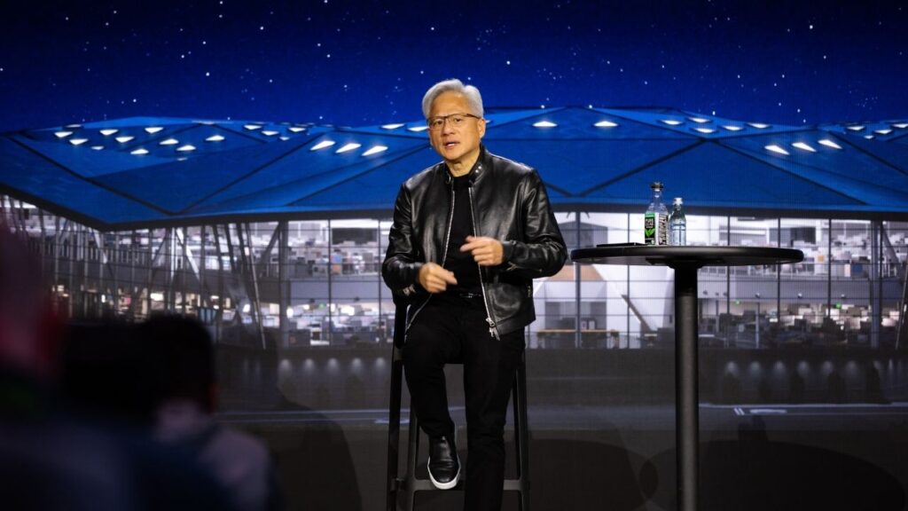Jensen Huang, Nvidia’s chief executive, speaks at the GTC conference in San Jose, Calif., March 17, 2026. Huang was talking about artificial intelligence at a conference in Los Angeles on Monday, Sept. 14, when he was interrupted by a phone call — President Trump was on the line. (Manuel Orbegozo/The New York Times)