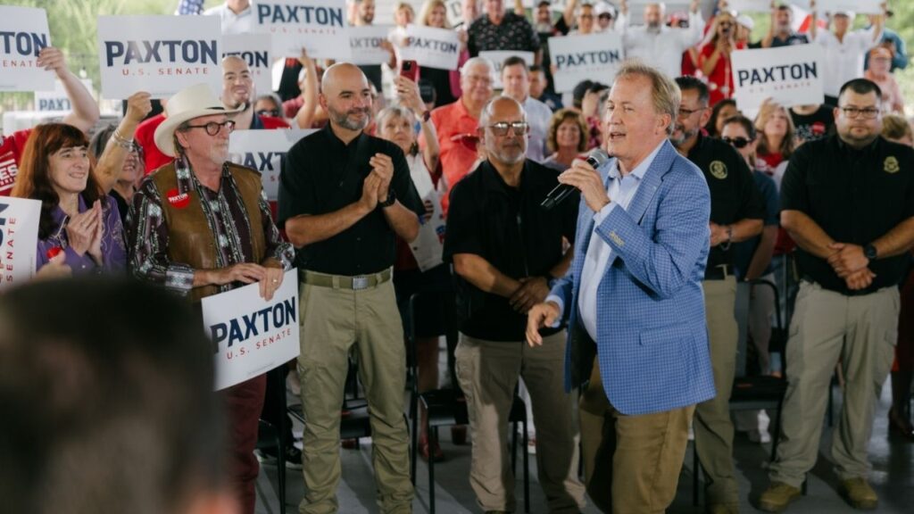 Ken Paxton, the Texas attorney general and Republican Senate nominee, speaks during a campaign rally in McAllen, Texas, on July 14, 2026. MAGA Inc., the super PAC allied with President Donald Trump, on Saturday, Sept. 5, 2026, disclosed a $10 million digital and television ad buy to boost Paxton in the midterm general election and attack his Democratic opponent, James Talarico. (Christopher Lee/The New York Times)