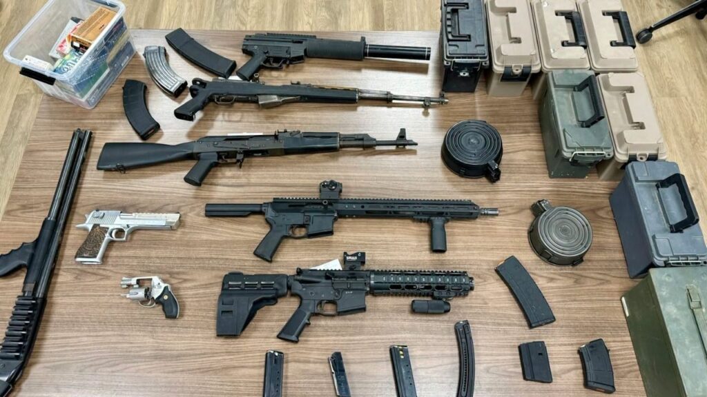 Kern County sheriff’s deputies arrested a 52-year-old Taft man after a Dustin Acres search uncovered multiple firearms and large quantities of ammunition. (Kern County SO)
