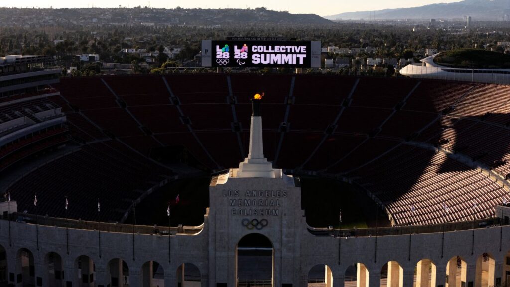 Ceremonial lighting of the cauldron - LA Memorial Coliseum, Los Angeles, California, U.S. - January 13, 2026. Ceremonial lighting of the cauldron ahead of ticket registration launch. (REUTERS/Daniel Cole)