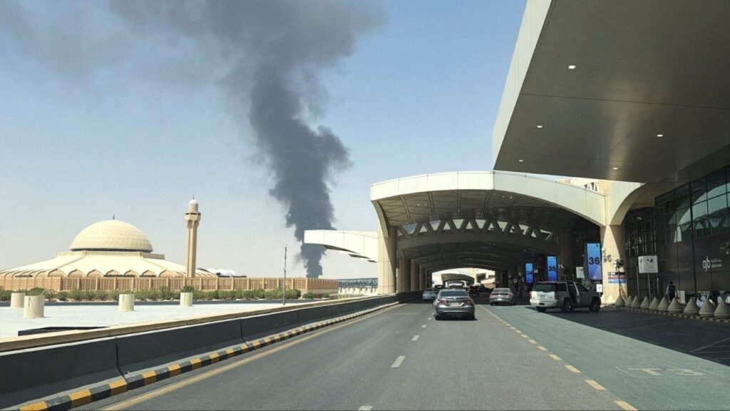 Large plume of black smoke rises from the fuel storage area at King Khalid International Airport, in Riyadh, Saudi Arabia, September 19, 2026. Picture taken with a mobile phone. REUTERS/Stringer