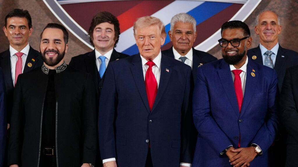 President Donald Trump with Latin American leaders during his Shield of the Americas summit in Miami, March 7, 2026. As the Trump administration tries to turn attention back to the Western Hemisphere after months of war in Iran, officials are seeking to intensify the fight against Latin American cartels. (Tierney L. Cross/The New York Times)