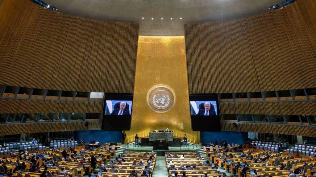 Mahmoud Abbas, the Palestinian leader, delivers remarks from video to the 81st session of the United Nations General Assembly at the UN headquarters on Thursday, Sept. 24, 2026. Abbas was denied a visa to enter the U.S. (Dave Sanders/The New York Times)
