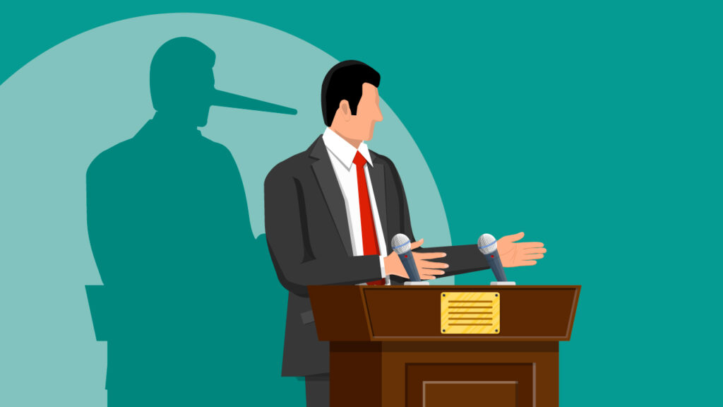 Illustration of a man facing right and giving a speech filled with lies, which is symbolized by a Pinocchio nose in silhouette