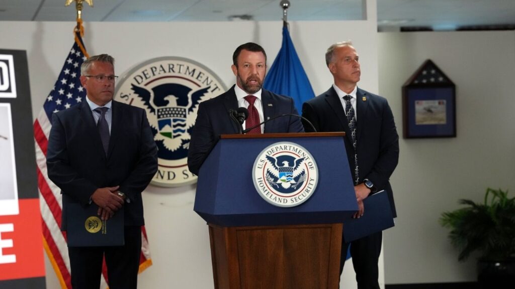 Markwayne Mullin, the U.S. secretary of homeland security, speaks to reporters at a news conference in Manhattan on Tuesday, Sept. 1, 2026. President Trump withdrew the nomination of Lance Schroyer, a former Oklahoma state trooper, to run Immigration and Customs Enforcement less than three months after announcing his nomination for the role. (Michelle V. Agins/The New York Times)