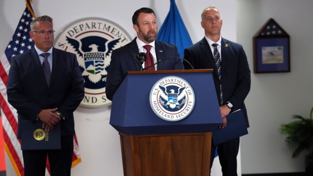 Markwayne Mullin, the U.S. secretary of homeland security, speaks to reporters at a news conference in Manhattan on Tuesday, Sept. 1, 2026. The City of Denver, Latino civil rights organizations and government watch groups asked a federal judge on Thursday to block the Trump administration from allowing armed federal immigration agents to serve warrants at polling sites. (Michelle V. Agins/The New York Times)