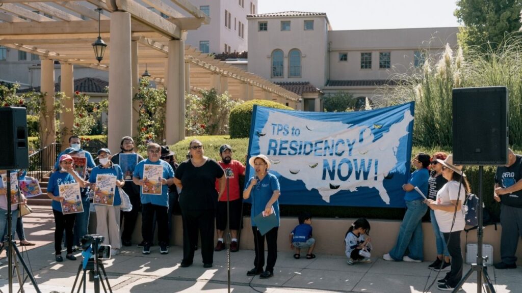 Members of the National TPS Alliance hold a rally in front of the Ninth Circuit Court of Appeals in Pasadena, Calif., June 24, 2026. The Trump administration said Wednesday, Sept. 9, that it would not move to cancel temporary humanitarian protections for more than 170,000 Salvadorans, for now, preserving their ability to live legally in the United States and shielding them from deportation. (Mark Abramson/The New York Times)