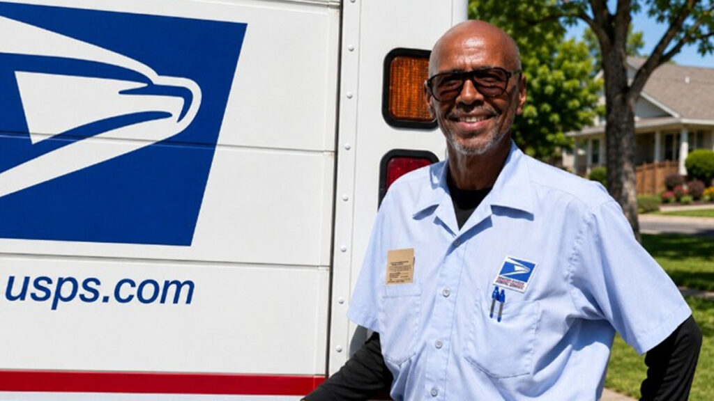 Image of a man in a blue shirt and wearing sunglasses next to a USPS mail truck