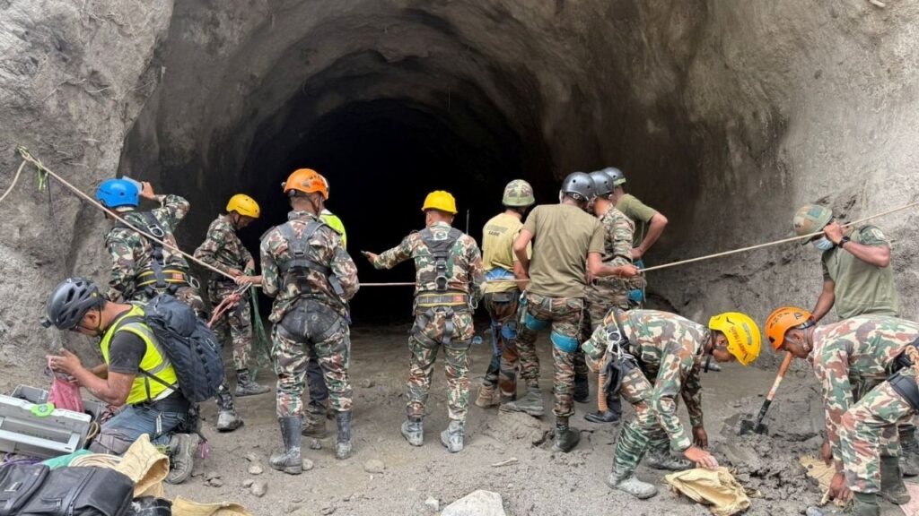 Nepal army soldiers work during a search and rescue operation outside a tunnel near the Hydropower Project sites, following deadly flash floods and mudslides, in Rasuwa district, Nepal, in this handout obtained by Reuters on September 1, 2026. Nepal Army/Handout via REUTERS