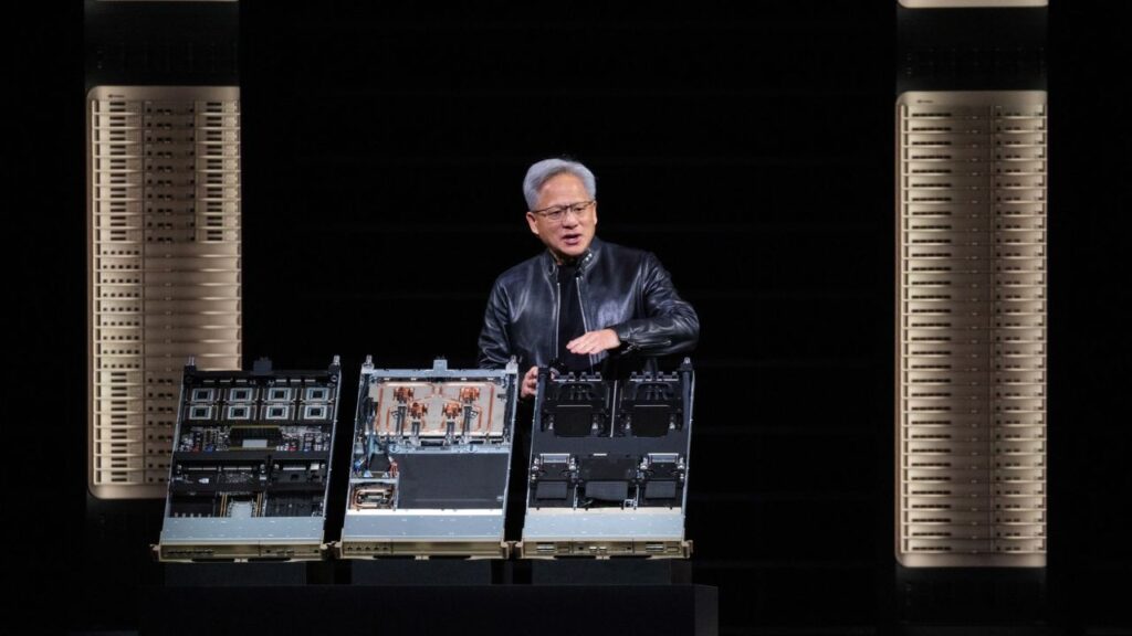 Jensen Huang, chief executive of Nvidia, speaks in San Jose, Calif., on March 16, 2026. Huang has led the company as its stock price has skyrocketed amid the explosion in demand for chips that are the centerpiece of giant artificial intelligence data centers. (Manuel Orbegozo/The New York Times)