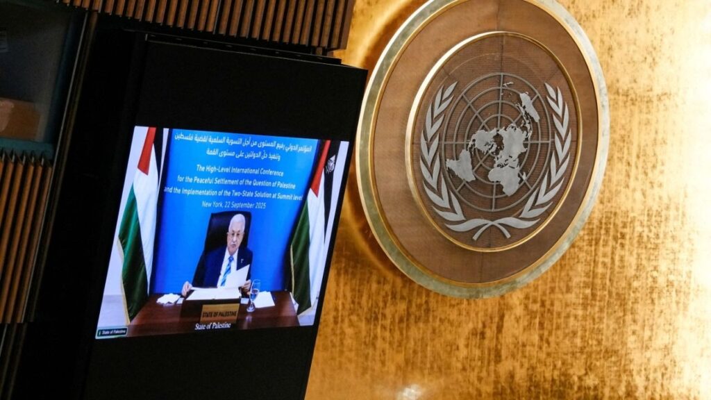 Palestinian President Mahmoud Abbas appears on a screen as he addresses delegates during a high-level meeting of heads of state on a two-state solution between Israel and the Palestinians at United Nations headquarters in New York City, U.S., September 22, 2025. (Reuters File)