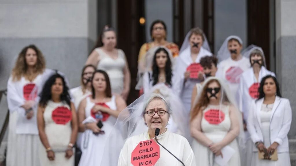 Pat Abatemarco, a child marriage survivor, speaks during a press conference at the state Capitol in Sacramento on June 22, 2023. Photo by Rahul Lal, CalMatters