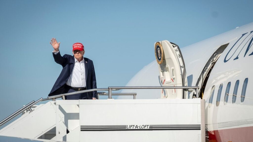 President Donald Trump boards Air Force One at Morristown Municipal Airport in Morristown, N.J., on Monday, Sept. 7, 2026. President Trump’s political operation is running a mysterious new super PAC that on Tuesday placed a $25 million reservation for advertisements to help Republicans in key Senate races in New Hampshire and Alaska. (Pete Marovich/The New York Times)
