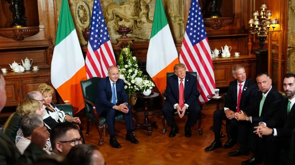 President Donald Trump, center right, meets with Micheál Martin, Ireland’s taoiseach, or prime minister, in Dublin on Saturday, Sept. 12, 2026. Shortly after setting foot in Dublin, Trump said it would be “fantastic” if Northern Ireland and the Republic of Ireland unified, breaking with decades of U.S. neutrality on an issue rooted in a long history of violence. ( Alex Kent/The New York Times)