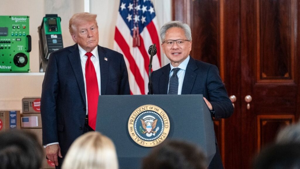 President Donald Trump listens to Jensen Huang, the chief executive of Nvidia, during an event at the White House in Washington, April 30, 2025. Huang has influenced Trump’s views on AI. (Pete Marovich/The New York Times)