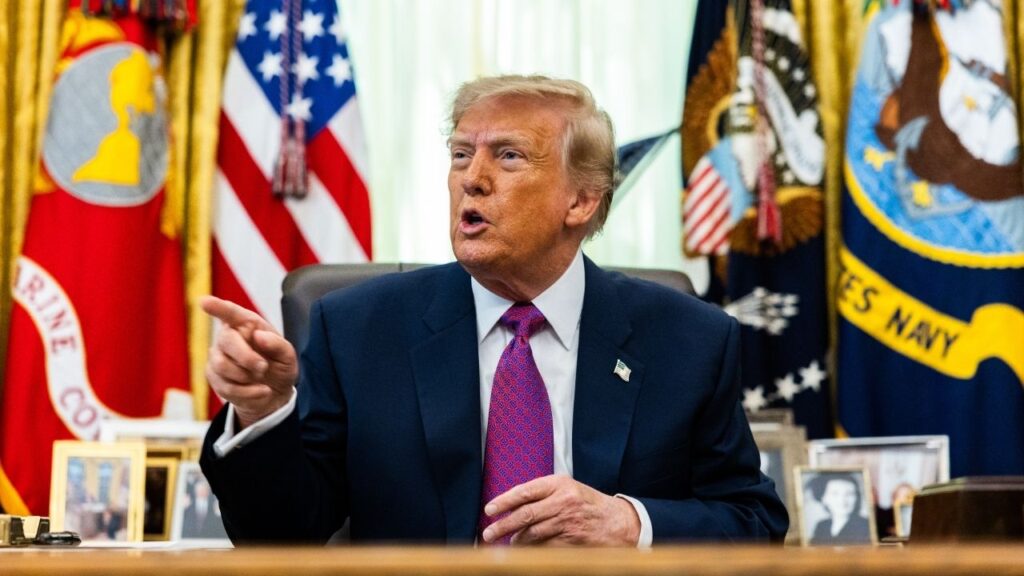 President Donald Trump speaks to reporters in the Oval Office after ordering the name of Lake Ontario to Lake America, on Thursday, Aug. 27, 2026. On Tuesday night, after the latest exchange of fire over control of the Strait of Hormuz, Trump called on the Iranian people to rise up — something he did six months ago, before he backed off and acknowledged that his command was easier said than done. (Demetrius Freeman/The New York Times)
