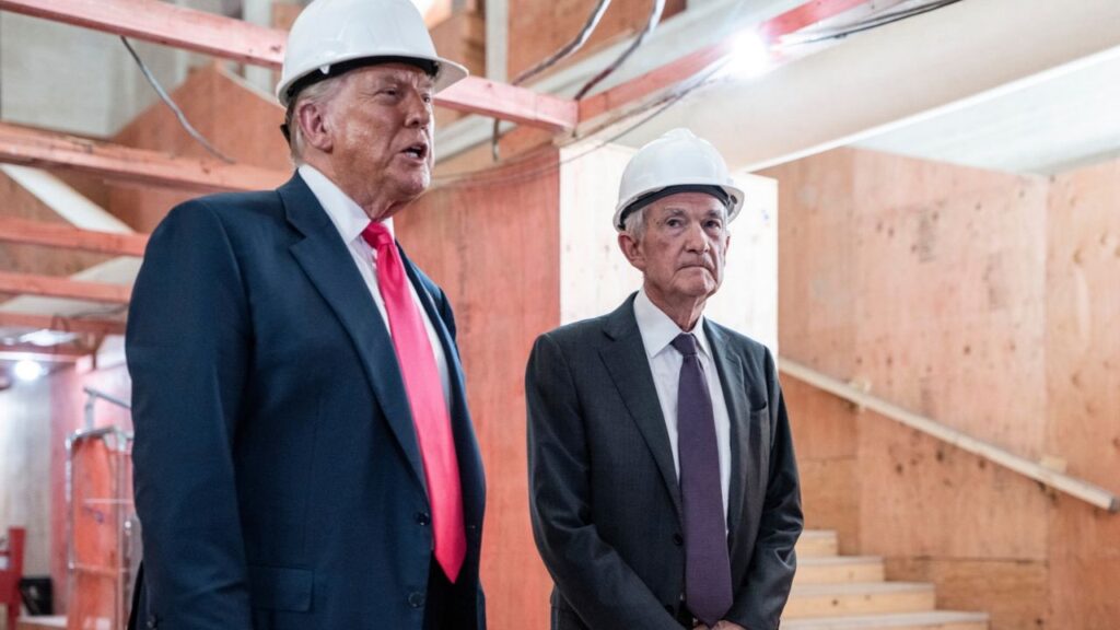 President Donald Trump speaks to reporters while touring renovations at the Federal Reserve with its chair, Jerome Powell, in Washington, July 24, 2025. The Federal Reserve’s internal watchdog found no evidence of illegal behavior or administrative misconduct associated with the central bank’s nearly $2.5 billion project to overhaul its headquarters in Washington, even as it concluded that the renovations were poorly managed and lacked sufficient budget constraints. (Haiyun Jiang/The New York Times)