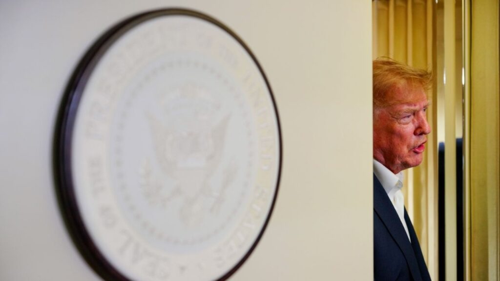President Donald Trump speaks with reporters while in flight on Air Force One from Shannon, Ireland, to Joint Base Andrews, Md., on Sunday, Sept. 13, 2026. Earlier in September, Trump threatened to halt a broad swath of trade if interest rates were not cut, once again putting pressure on the independent Federal Reserve. (Alex Kent/The New York Times)