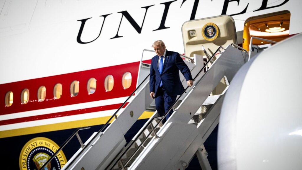 President Donald Trump walks off Air Force One upon arriving in Las Vegas, in the early hours of Aug. 5, 2026. Trump is planning to take the Boeing luxury jet donated by the Qataris when he travels to Ireland next week, the first time he will use the plane overseas since questions were raised about its defensive capabilities, a senior administration official said on Sept. 4, 2026. (Doug Mills/The New York Times)