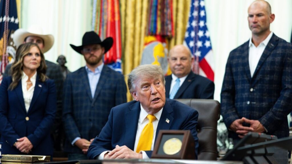President Donald speaks during an event about supporting cattle ranchers in the Oval Office of the White House in Washington, Sept. 4, 2026. The Agriculture Department hopes Americans will pay more for U.S. beef, in an attempt to appease ranchers upset over increased, cheaper imports. (Tierney L. Cross/The New York Times)