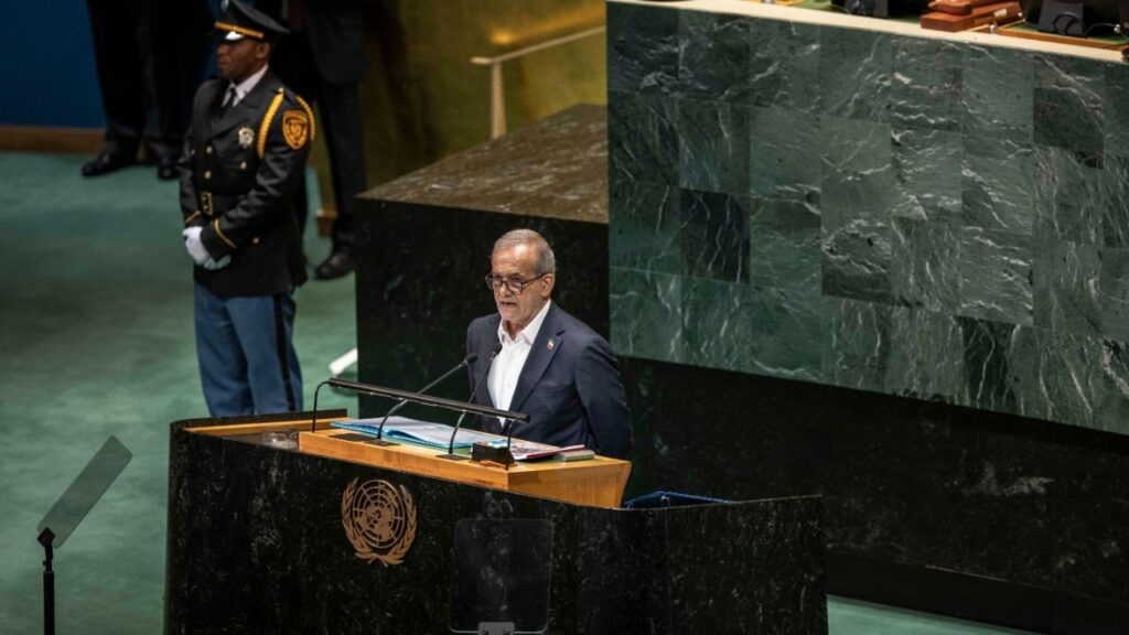 President Masoud Pezeshkian addresses the United Nations General Assembly, in Manhattan on Sept. 24, 2025. The United States said on Sept. 17, 2026 that it would issue visas to some of Iran’s top officials to attend the upcoming General Assembly, even as the war between the countries shows few signs of ending. (Dave Sanders/The New York Times)