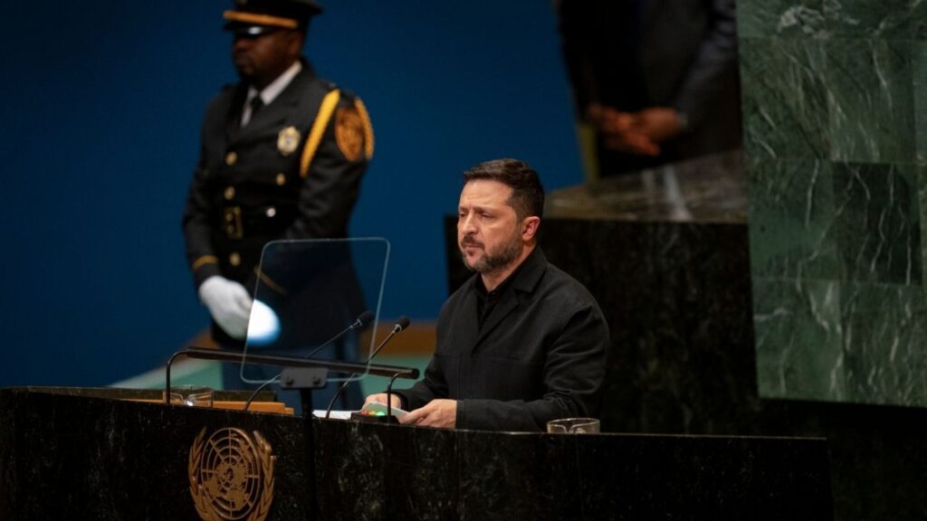 President Volodymyr Zelenskyy of Ukraine addresses the 81st session of the United Nations General Assembly at the UN headquarters, on Wednesday, Sept. 23, 2026. (Lexi Parra/The New York Times)