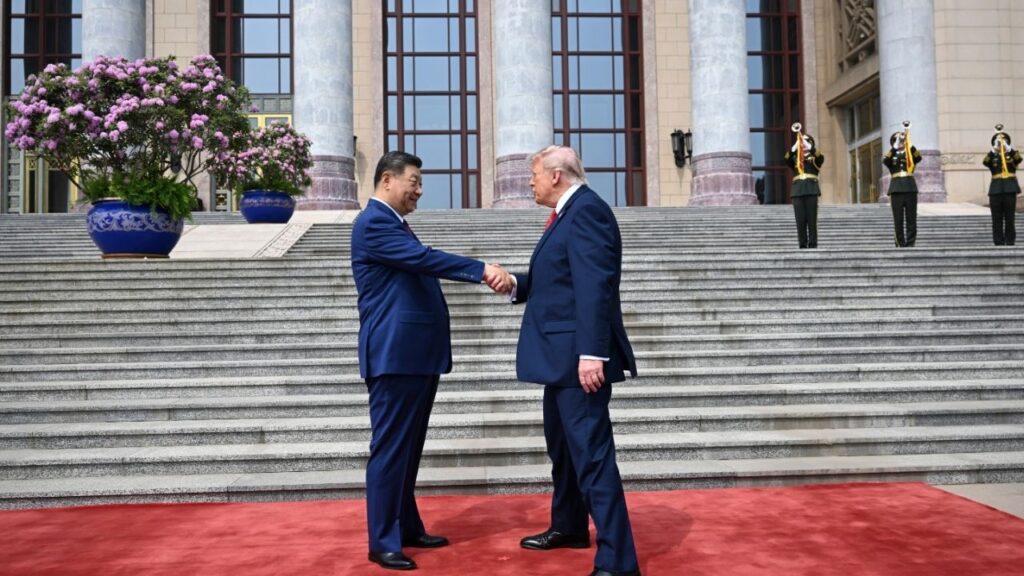 President Xi Jinping of China, left, and President Donald Trump outside the Great Hall of the People in Beijing, May 14, 2026. As Beijing presses President Trump to freeze a proposed $14 billion weapons sale to the island, Taiwan is trying to show that its security is in U.S. interests. (Kenny Holston/The New York Times)
