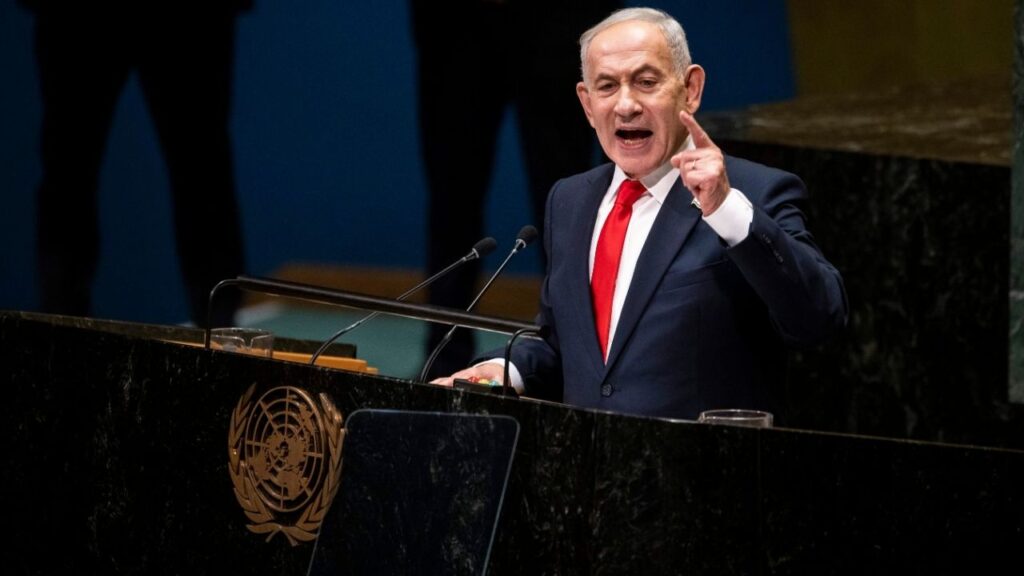Prime Minister Benjamin Netanyahu of Israel speaks during the 81st session of the United Nations General Assembly at the UN headquarters on Thursday, Sept. 24, 2026. (Dave Sanders/The New York Times)
