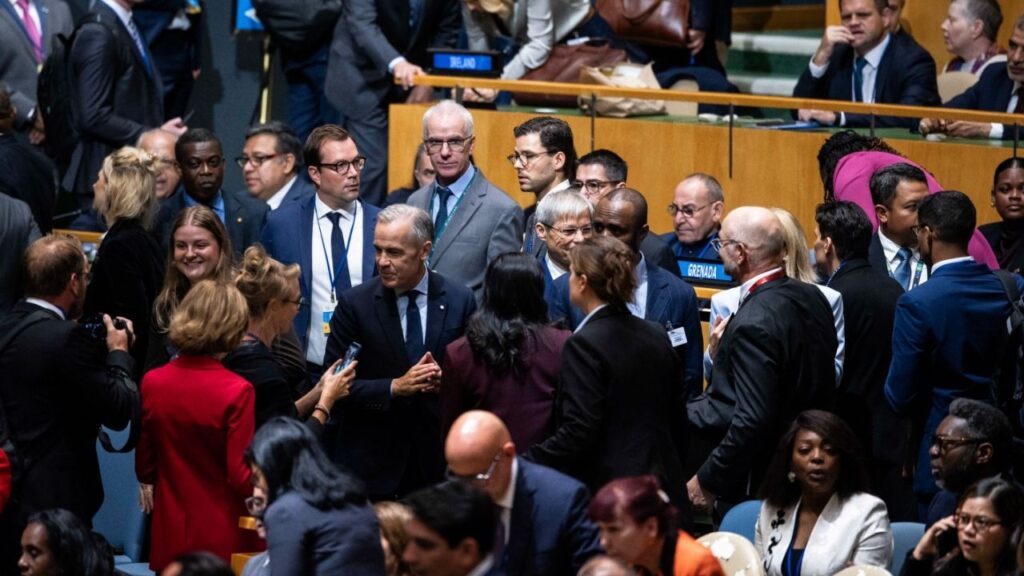 Prime Minister Mark Carney of Canada, center left in navy blue suit, arrives for day one of the 81st session of the U.N. General Assembly, at the United Nations headquarters in Manhattan on Tuesday, Sept. 22, 2026. (Dave Sanders/The New York Times)