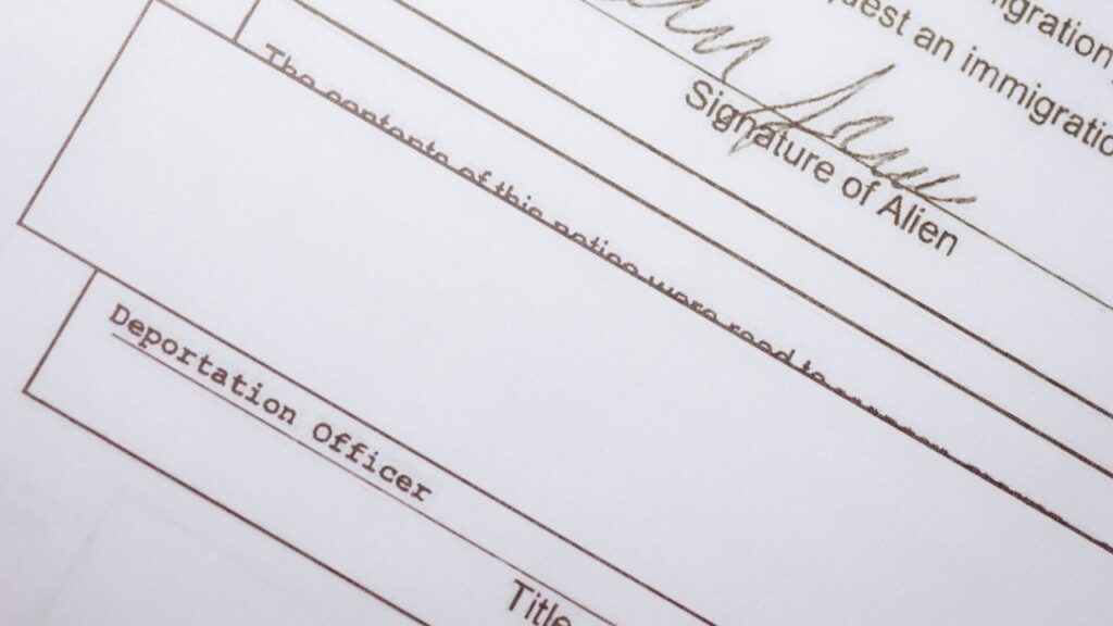 Redactions on a copy of the green-card petition filed in 1993 by Cipriano Alarcon-Galvez’s mother, a naturalized U.S. citizen, on his behalf, in San Diego, Sept. 5, 2026. Many noncitizens need immigration records the government has to prove their legal stay and resist deportation — the government is redacting and withholding those documents, lawyers say. (Alan Nakkash/The New York Times)