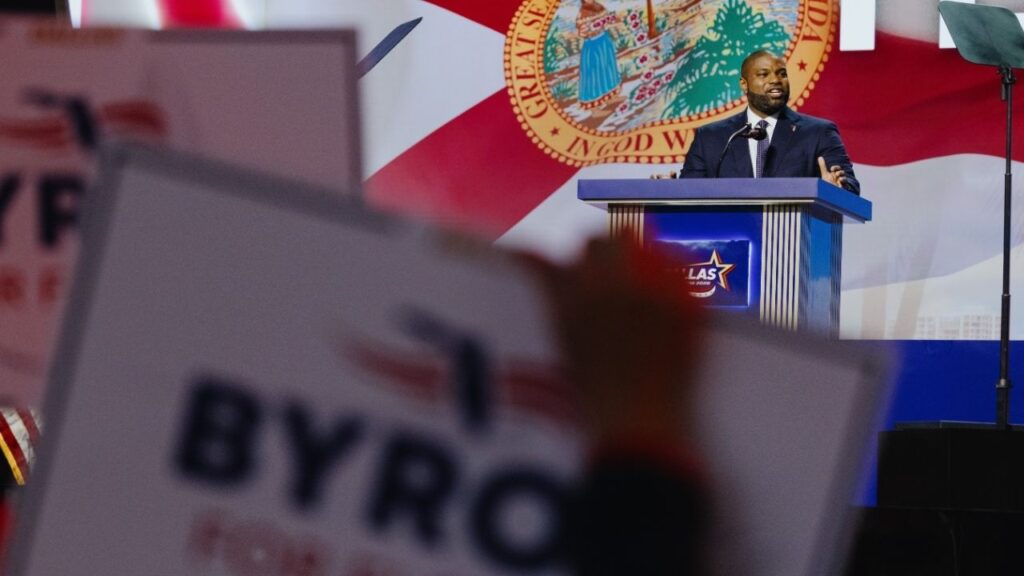 Rep. Byron Donalds (R-Fla.), Florida’s Republican gubernatorial nominee, addresses the GOP’s midterm convention, at the American Airlines Center in Dallas on Sept. 9, 2026. Forty days before the midterms, many Republican candidates are openly seeking to distance themselves from President Donald Trump; Donalds overhauled his website to make Trump’s endorsement far less prominent. (Shelby Tauber/The New York Times)
