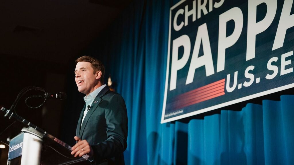 Rep. Chris Pappas, a Democratic candidate for Senate in New Hampshire, speaks to supporters during a primary election night watch party in Manchester, N.H., on Tuesday, Sept. 8, 2026. Pappas, a four-term congressman, defeated a progressive challenger in the New Hampshire Democratic Senate primary on Tuesday, according to The Associated Press. (John Tully/The New York Times)