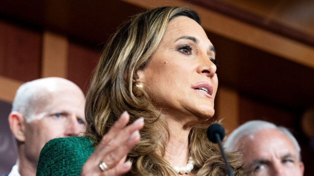 Rep. María Elvira Salazar (R-Fla.) speaks to reporters on Capitol Hill in Washington, May 20, 2026. Salazar, released a television ad on Sept. 17 directly assaulting President Donald Trump’s immigration crackdown, a rare and remarkable break and a warning sign for her party of eroding support among Hispanic voters. (Haiyun Jiang/The New York Times)
