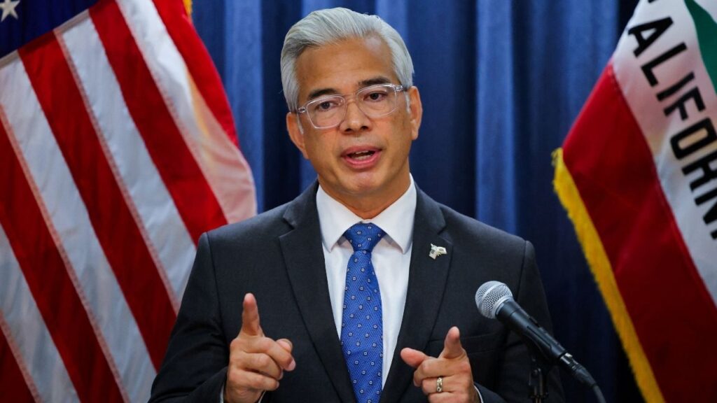 Rob Bonta, Attorney General of California, gestures as he speaks at a press conference after Paramount Skydance (PSKY.O) settled with California and 11 other states that sued to block its $110 billion acquisition of Warner Bros Discovery (WBD.O) in Los Angeles, California, US, September 21, 2026. REUTERS/Daniel Cole