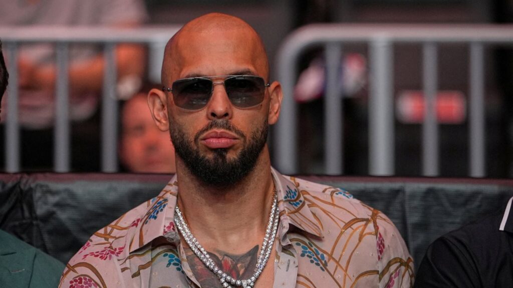 Andrew Tate arrives before U.S. President Donald Trump to attend UFC 327 at Kaseya Center, Miami, U.S., April 11, 2026. (Julia Demaree Nikhinson/Pool via REUTERS)