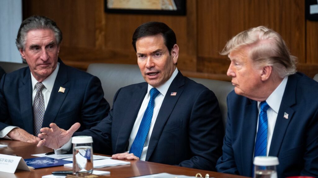 Secretary of State Marco Rubio speaks during a meeting of President Donald Trump Cabinet, at Camp David in Maryland, on Friday, July 31, 2026. New measures to target narcotics traffickers will be at the top of the agenda as Rubio visits Colombia in September, according to people familiar with his plans. (Pete Marovich/The New York Times)