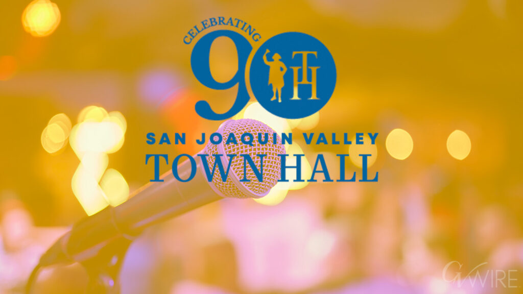 Composite image of SJV Town Hall microphone, logo, and 90th season beginning