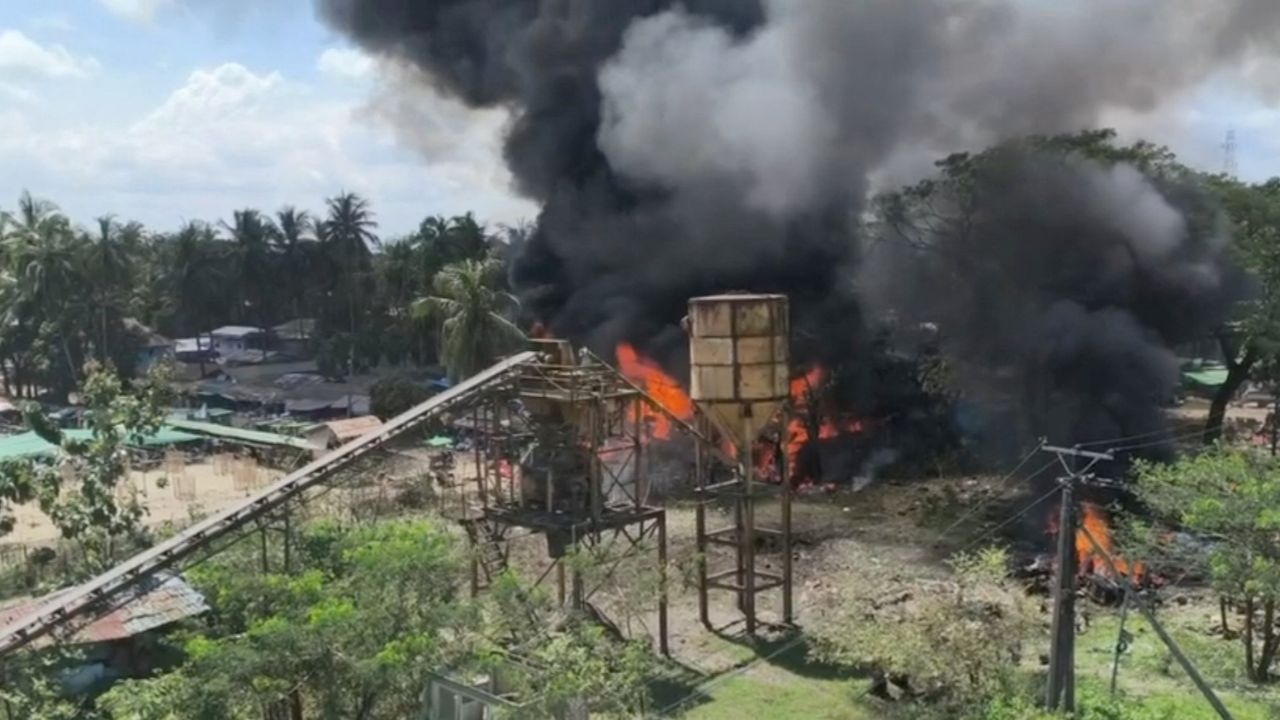 Smoke rises as fire burns following a Myanmar military airstrike, according to a rebel group that controls the area and a local aid worker, in Kyauktaw, Rakhine State, Myanmar, in this screen grab obtained from a social media video released September 28, 2026. Social Media/via REUTERS