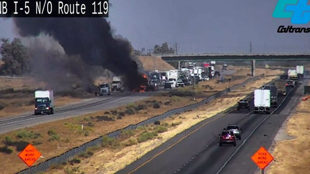 Southbound Interstate 5 was blocked Wednesday, Sept. 9, 2026, north of Highway 119 in Kern County after a multi-vehicle crash involving a burning big rig. (Caltrans)