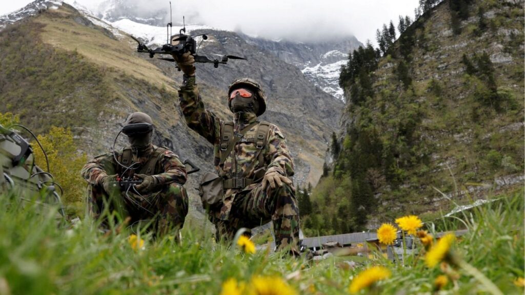 FILE PHOTO: A Swiss army drone operator controls a first person view drone during a presentation of usage of small drones at an army facility in Elm, Switzerland, May 18, 2026. Reuters/Stefan Wermuth/File Photo