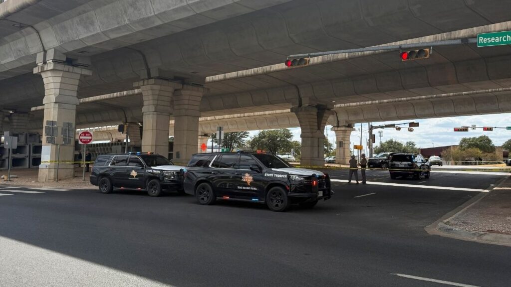 Texas state troopers at the scene where one person is believed to have been shot during a confrontation with Immigration and Customs Enforcement agents in Austin, Texas, on Sunday, Sept. 20, 2026. The shooting in the Texas capital is the latest by federal immigration agents as the Trump administration intensifies its deportation effort. (Lauren McGaughy/The New York Times)