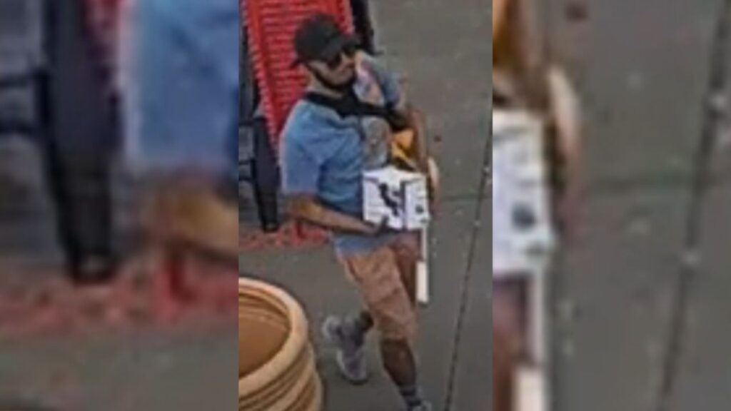 The Fresno Police Department is asking the public to identify a man who was caught stealing a hatchet and a bag full of merchandise at a local business on Thursday, Aug. 27, 2026. (Fresno PD)