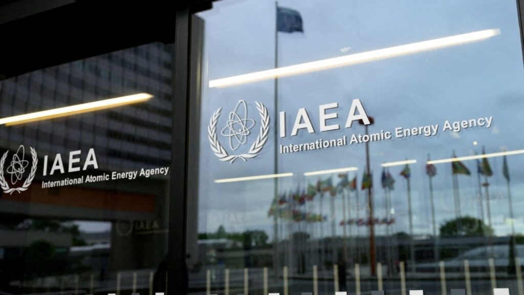 The IAEA logo is displayed in front of the agency’s headquarters in Vienna, Austria, June 5, 2026. (Reuters File)
