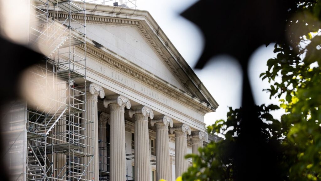 The U.S. Department of Treasury building in Washington, July 7, 2023. The Trump administration paid federal employees $9.5 billion not to work during 2025, part of the president’s plan to reduce the size of the federal bureaucracy and government spending, according to a new estimate from a congressional watchdog. (Julia Nikhinson/The New York Times)