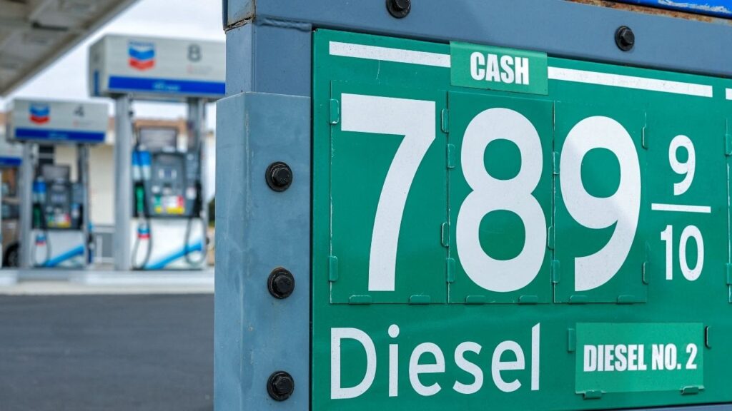 The current price of diesel fuel is shown in Encinitas, California, U.S., September 16, 2026. REUTERS/Mike Blake