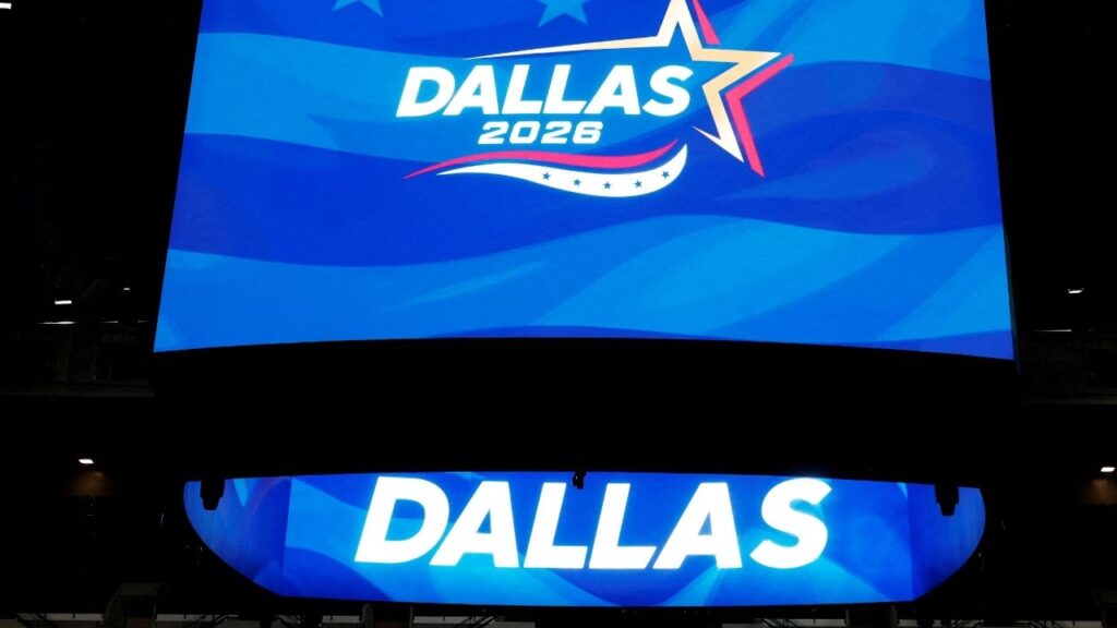 The video board inside the American Airlines Center displays the logo for the upcoming Republican Midterm Convention during a media walkthrough in Dallas, Texas, U.S., August 5, 2026. (Reuters File)