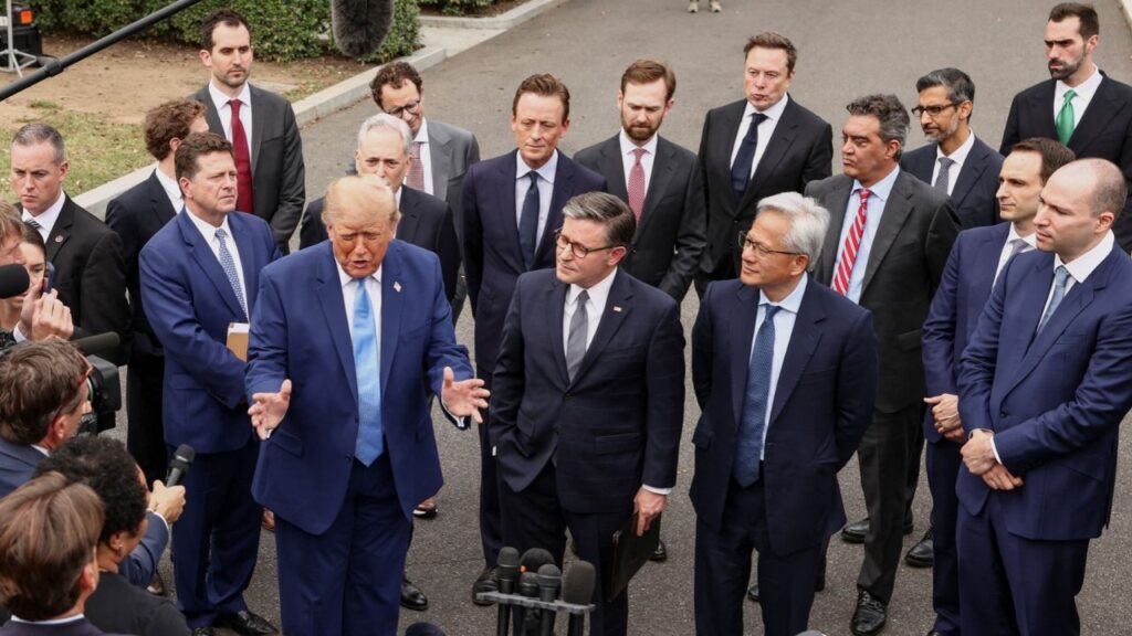 US President Donald Trump, with Meta CEO Mark Zuckerberg, US House Speaker Mike Johnson (R-LA), Nvidia President and CEO Jensen Huang, OpenAI President Greg Brockman, SpaceX AI Founder and CEO Elon Musk, and other tech leaders, speaks to the media at the White House driveway following a luncheon for tech leaders in the East Room, in Washington, D.C., US, September 29, 2026. (REUTERS/Kevin Lamarque)