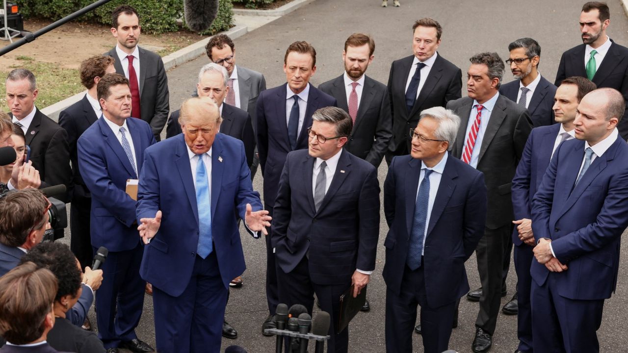 US President Donald Trump, with Meta CEO Mark Zuckerberg, US House Speaker Mike Johnson (R-LA), Nvidia President and CEO Jensen Huang, OpenAI President Greg Brockman, SpaceX AI Founder and CEO Elon Musk, and other tech leaders, speaks to the media at the White House driveway following a luncheon for tech leaders in the East Room, in Washington, D.C., US, September 29, 2026. (REUTERS/Kevin Lamarque)