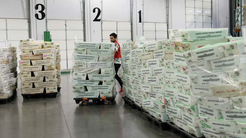 Newly printed mail-in ballots in Phoenix on Oct. 7, 2022. The Supreme Court on Monday dealt President Trump a major blow when it blocked his executive order to restrict mail ballots, but Trump’s battle to assert control over the election process is far from finished. (Rebecca Noble/The New York Times)