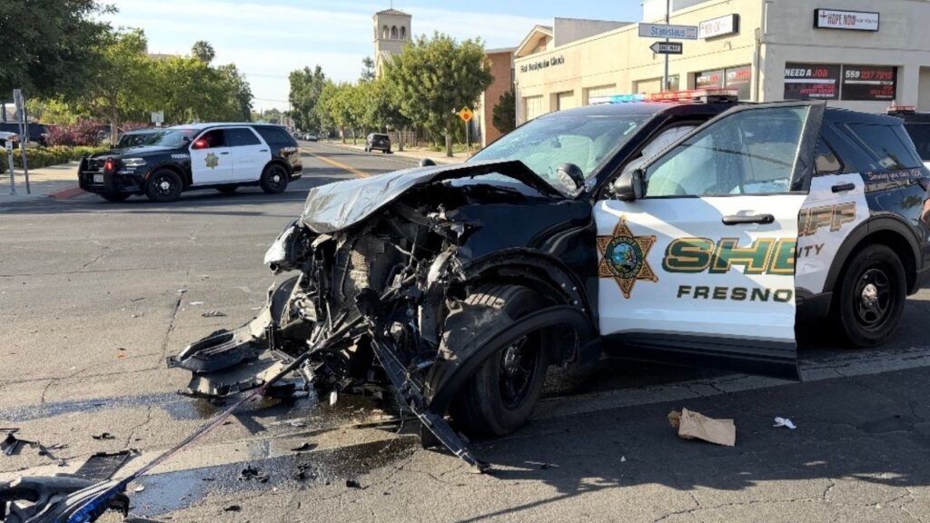Two Fresno County deputies suffered minor injuries and seven FAX passengers went to the hospital after a patrol car crashed into a bus while deputies tried to stop a wrong-way driver in downtown Fresno. (Fresno County SO)